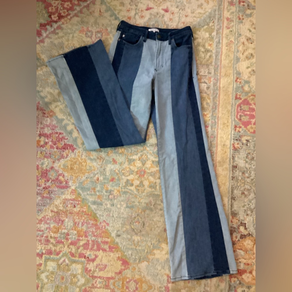 Dear John Two-Tone Patchwork Retro Wide Flare Leg Denim Jeans - Picture 11 of 11
